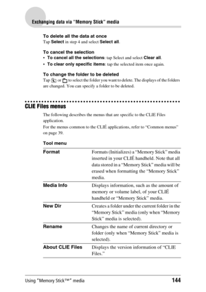 Page 144Using “Memory Stick™” media144
Exchanging data via “Memory Stick” media
To delete all the data at once
Tap Select in step 4 and select Select all.
To cancel the selection
To cancel all the selections: tap Select and select Clear all.
To clear only specific items: tap the selected item once again.
To change the folder to be deleted
Tap   or   to select the folder you want to delete. The displays of the folders 
are changed. You can specify a folder to be deleted.
CLIE Files menus
The following describes...