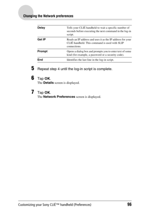 Page 96Customizing your Sony CLIÉ™ handheld (Preferences)96
Changing the Network preferences
5Repeat step 4 until the log-in script is complete.
6Tap OK.
The Details screen is displayed.
7Tap OK.
The Network Preferences screen is displayed.
DelayTells your CLIÉ handheld to wait a specific number of 
seconds before executing the next command in the log-in 
script.
Get IPReads an IP address and uses it as the IP address for your 
CLIÉ handheld. This command is used with SLIP 
connections.
PromptOpens a dialog box...