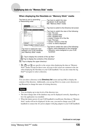 Page 135Using “Memory Stick™” media135
Exchanging data via “Memory Stick” media
When displaying the files/data on “Memory Stick” media
* ,   and   are specific to the screen when displaying the data on “Memory 
Stick” media. Except for these icons, all icons in the screen are common to the one 
when displaying the files/data on your CLIÉ handheld. You can also rotate the Jog 
Dial™ navigator to select a directory.
Tip
You can select a directory in the Directory list screen and tap [OK] to display the 
contents...