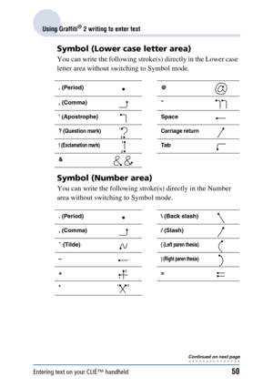 Page 50Entering text on your CLIÉ™ handheld50
Using Graffiti® 2 writing to enter text
Symbol (Lower case letter area)
You can write the following stroke(s) directly in the Lower case 
letter area without switching to Symbol mode.
Symbol (Number area)
You can write the following stroke(s) directly in the Number 
area without switching to Symbol mode.
. (Period) @
, (Comma) 
 (Apostrophe) Space
? (Question mark)Carriage return
! (Exclamation mark)Ta b
&
. (Period) \ (Back slash)
, (Comma) / (Slash)
~ (Tilde)(...