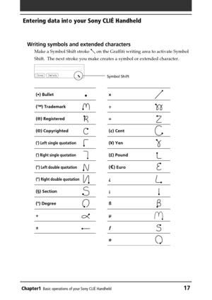Page 17Chapter1Basic operations of your Sony CLIÉ Handheld17
Entering data in to your Sony CLIÉ Handheld
Symbol Shift
Writing symbols and extended characters
Make a Symbol Shift stroke  on the Graffiti writing area to activate Symbol
Shift.  The next stroke you make creates a symbol or extended character.\
(•) Bulletx
(™) Trademark÷
(®) Registered=
(©) Copyrighted(¢) Cent
(‘) Left single quotation(¥) Yen
(’) Right single quotation(£) Pound
(“) Left double quotation() Euro
(”) Right double quotation ¿
(§)...