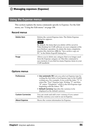 Page 86Chapter2Using basic applications86
 Managing expenses (Expense)
Using the Expense menus
This section explains the menu commands specific to Expense. For the Edit
menu, see “Using the Edit menu” on page 108.
Record menus
Delete ItemDeletes the current Expense item. The Delete Expense
dialog box appears.
Note
By default, the items that you delete will be saved in
Palm Desktop for CLIÉ software on your computer at the
next HotSync operation. To delete the items completely,
deselect the check box (
) for...