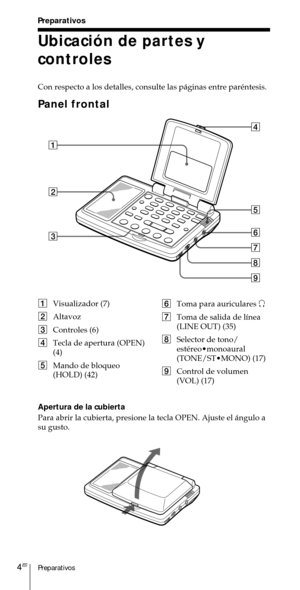 Page 104Preparativos4ES
1Visualizador (7)
2Altavoz
3Controles (6)
4Tecla de apertura (OPEN)
(4)
5Mando de bloqueo
(HOLD) (42)6Toma para auriculares 2
7Toma de salida de l’nea
(LINE OUT) (35)
8Selector de tono/
estŽreo¥monoaural
(TONE/ST¥MONO) (17)
9Control de volumen
(VOL) (17) Preparativos
Ubicaci—n de partes y
controles
Con respecto a los detalles, consulte las p‡ginas entre parŽntesis.
Panel frontal
Apertura de la cubierta
Para abrir la cubierta, presione la tecla OPEN. Ajuste el ‡ngulo a
su gusto.
14
2
35
6...