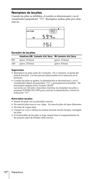 Page 110Preparativos10ES
Reemplazo de las pilas
Cuando las pilas se debiliten, el sonido se distorsionar‡ y en el
visualizador parpadear‡  ÒiÓ. Reemplace ambas pilas por otras
nuevas.
Duraci—n de las pilas
Alcalinas LR6  (tama–o AA) Sony R6 (tama–o AA) Sony
FM aprox. 32 horas aprox. 10 horas
AM aprox. 23 horas aprox. 8 horas
Sugerencias
¥ Reemplace las pilas antes de 3 minutos.  De o contrario, el ajuste del
reloj se borrar’a.  Las frecuencias almacenadas en la memoria no se
borrar‡n.
¥ Cuando las pilas se...