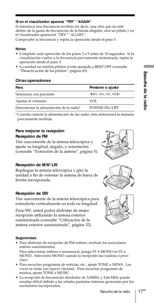 Page 11717ESEscucha de la radio
Escucha de la radio
Si en el visualizador aparece ÒTRYÓ ÓAGAINÓ
Si introduce una frecuencia inv‡lida (es decir, una cifra que no estŽ
dentro de la gama de frecuencias de la banda elegida), oir‡ un pitido y en
el visualizador aparecer‡ ÓTRYÓ ÓAGAINÓ.
Compruebe la frecuencia y repita la operaci—n desde el paso 3.
Notas
¥ Complete cada operaci—n de los pasos 3 a 5 antes de 10 segundos.  Si la
visualizaci—n vuelve a la frecuencia previamente sintonizada, repita la
operaci—n desde el...