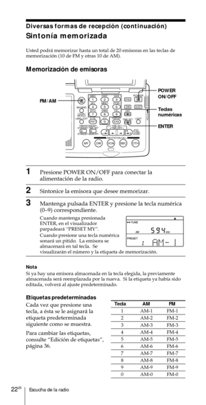 Page 122Escucha de la radio22ES
Diversas formas de recepci—n (continuaci—n)
Sinton’a memorizada
Usted podr‡ memorizar hasta un total de 20 emisoras en las teclas de
memorizaci—n (10 de FM y otras 10 de AM).
Memorizaci—n de emisoras
Teclas
numŽricas
1Presione POWER ON/OFF para conectar la
alimentaci—n de la radio.
2Sintonice la emisora que desee memorizar.
3Mantenga pulsada ENTER y presione la tecla numŽrica
(0Ð9) correspondiente.
Cuando mantenga presionada
ENTER, en el visualizador
parpadear‡ ÒPRESET MYÓ.
Cuando...