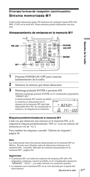 Page 12727ESEscucha de la radio
Escucha de la radio
Diversas formas de recepci—n (continuaci—n)
Sinton’a memorizada MY
Usted podr‡ almacenar hasta 100 emisoras de cualquier banda (FM, SW,
MW, o LW) en la tecla MY. Estas emisoras podr‡ explorarlas una tras
otra.
Almacenamiento de emisoras en la memoria MY
ABC1DEF2GHI3JKL4MNO5PQR6STU7
MY DW VOA BBC OTH
VWX8YZ  9/
FM/
AMON/
OFFPOWER
0
ab
DISPLAY AM BAND
LABEL EDIT
TIME SETHOLDLOCAL/
WORLD
TIMERSTANDBY/
STANDBY TIME SET
STANDBY MEMORYTIME SET
TIME DIFF
SW STATION...