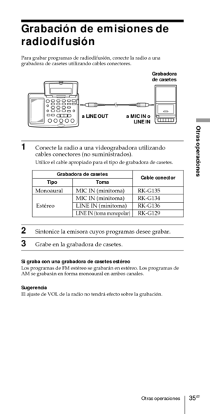 Page 13535ESOtras operaciones
Otras operaciones
Grabaci—n de emisiones de
radiodifusi—n
Para grabar programas de radiodifusi—n, conecte la radio a una
grabadora de casetes utilizando cables conectores.
a MIC IN o
LINE IN a LINE OUT
Grabadora
de casetes
1Conecte la radio a una videograbadora utilizando
cables conectores (no suministrados).
Utilice el cable apropiado para el tipo de grabadora de casetes.
2Sintonice la emisora cuyos programas desee grabar.
3Grabe en la grabadora de casetes.
Si graba con una...