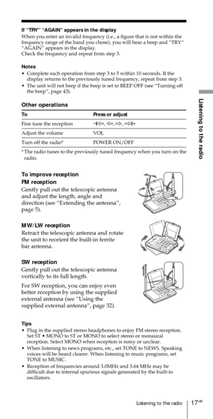 Page 1717GBListening to the radio
Listening to the radio
If ÒTRYÓ ÒAGAINÓ appears in the display
When you enter an invalid frequency (i.e., a figure that is not within the
frequency range of the band you chose), you will hear a beep and ÒTRYÓ
ÒAGAINÓ appears in the display.
Check the frequency and repeat from step 3.
Notes
¥ Complete each operation from step 3 to 5 within 10 seconds. If the
display returns to the previously tuned frequency, repeat from step 3.
¥ The unit will not beep if the beep is set to BEEP...