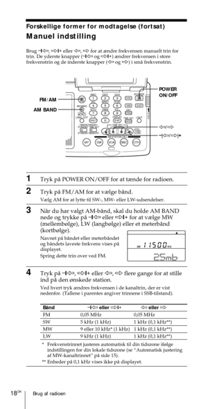 Page 168Brug af radioen18DK
ABC1DEF2GHI3JKL4MNO5PQR6STU7
MY DW VOA BBC OTH
VWX8YZ  9/
FM/
AMON/
OFFPOWER
0
ab
DISPLAY AM BAND
LABEL EDIT
TIME SETHOLDLOCAL/
WORLD
TIMERSTANDBY/
STANDBY TIME SET
STANDBY MEMORYTIME SET
TIME DIFF
SW STATION CALLJOG/
TUNE/
SCAN˚
DIRECT
ENTER
DSTERASESLEEPLIGHT
SYNC
SSB
EXE
POWER
ON/OFF
FM/AM
AM BAND
À/Ö
–
|À/Ö|+
Forskellige former for modtagelse (fortsat)
Manuel indstilling
Brug Ð
1À, Ö1+
 eller À, Ö for at ¾ndre frekvensen manuelt trin for
trin. De yderste knapper (Ð
1À og Ö1+
)...