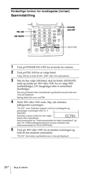 Page 170Brug af radioen20DK
ABC1DEF2GHI3JKL4MNO5PQR6STU7
MY DW VOA BBC OTH
VWX8YZ  9/
FM/
AMON/
OFFPOWER
0
ab
DISPLAY AM BAND
LABEL EDIT
TIME SETHOLDLOCAL/
WORLD
TIMERSTANDBY/
STANDBY TIME SET
STANDBY MEMORYTIME SET
TIME DIFF
SW STATION CALLJOG/
TUNE/
SCAN˚
DIRECT
ENTER
DSTERASESLEEPLIGHT
SYNC
SSB
EXE
POWER
ON/OFF
–
|À/Ö|+ FM/AM
AM BAND
1Tryk pŒ POWER ON/OFF for at t¾nde for radioen.
2Tryk pŒ FM/AM for at v¾lge bŒnd.
V¾lg AM for at lytte til SW-, MW- eller LW-udsendelser.
3NŒr du har valgt AM-bŒnd, skal du holde...