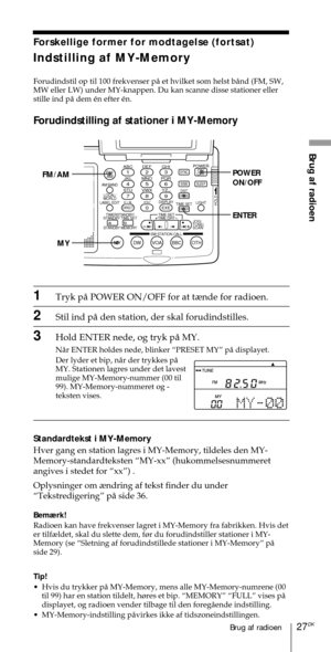 Page 17727DKBrug af radioen
Brug af radioen
ABC1DEF2GHI3JKL4MNO5PQR6STU7
MY DW VOA BBC OTH
VWX8YZ  9/
FM/
AMON/
OFFPOWER
0
ab
DISPLAY AM BAND
LABEL EDIT
TIME SETHOLDLOCAL/
WORLD
TIMERSTANDBY/
STANDBY TIME SET
STANDBY MEMORYTIME SET
TIME DIFF
SW STATION CALLJOG/
TUNE/
SCAN˚
DIRECT
ENTER
DSTERASESLEEPLIGHT
SYNC
SSB
EXE
POWER
ON/OFF
ENTER FM/AM
MY
Forskellige former for modtagelse (fortsat)
Indstilling af MY-Memory
Forudindstil op til 100 frekvenser pŒ et hvilket som helst bŒnd (FM, SW,
MW eller LW) under...