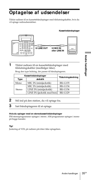 Page 18535DKAndre handlinger
Andre handlinger
Optagelse af udsendelser
Tilslut radioen til en kassettebŒndoptager med tilslutningskabler, hvis du
vil optage radioudsendelser.
til MIC IN
eller LINE IN til LINE OUTKassettebŒndoptager
1Tilslut radioen til en kassettebŒndoptager med
tilslutningskabler (medf¿lger ikke).
Brug den type ledning, der passer til bŒndoptageren.
2Stil ind pŒ den station, du vil optage fra.
3S¾t bŒndoptageren til at optage.
Hvis du optager med en stereokassettebŒndoptager
FM-stereoprogrammer...