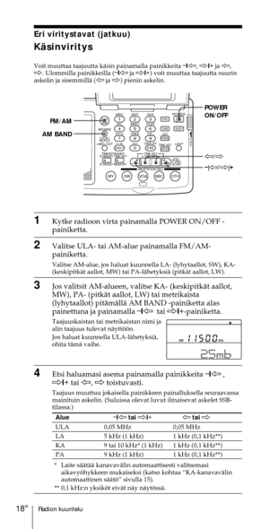 Page 218Radion kuuntelu18FI
Eri viritystavat (jatkuu)
KŠsinviritys
Voit muuttaa taajuutta kŠsin painamalla painikkeita Ð
1À, Ö1+
 ja À,
Ö. Ulommilla painikkeilla (Ð
1À ja Ö1+
) voit muuttaa taajuutta suurin
askelin ja sisemmillŠ (À ja Ö) pienin askelin.
1Kytke radioon virta painamalla POWER ON/OFF -
painiketta.
2Valitse ULA- tai AM-alue painamalla FM/AM-
painiketta.
Valitse AM-alue, jos haluat kuunnella LA- (lyhytaallot, SW), KA-
(keskipitkŠt aallot, MW) tai PA-lŠhetyksiŠ (pitkŠt aallot, LW).
3Jos valitsit...