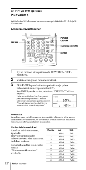 Page 222Radion kuuntelu22FI
Eri viritystavat (jatkuu)
Pikavalinta
Voit tallentaa 20 haluamaasi asemaa numeropainikkeisiin (10 ULA- ja 10
AM-asemaa).
Asemien esivirittŠminen
Numeropainiketta
1Kytke radioon virta painamalla POWER ON/OFF -
painiketta.
2ViritŠ asema, jonka haluat esivirittŠŠ.
3PidŠ ENTER-painiketta alas painettuna ja paina
haluamaasi numeropainiketta (0-9).
Kun ENTER-painike on alas painettuna, ÒPRESET MYÓ vilkkuu
nŠytšssŠ.
Laite antaa ŠŠnimerkin, kun painat
jotain numeropainiketta. Asema
tallentuu...