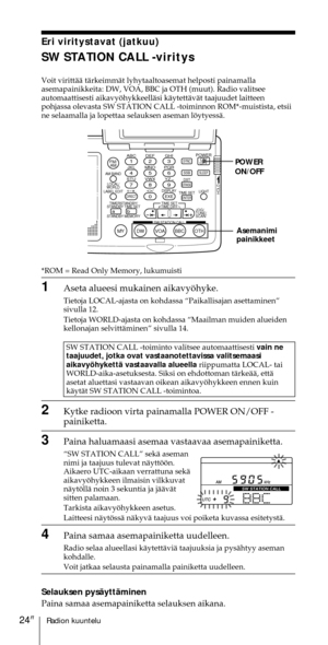 Page 224Radion kuuntelu24FI
Eri viritystavat (jatkuu)
SW STATION CALL -viritys
Voit virittŠŠ tŠrkeimmŠt lyhytaaltoasemat helposti painamalla
asemapainikkeita: DW, VOA, BBC ja OTH (muut). Radio valitsee
automaattisesti aikavyšhykkeellŠsi kŠytettŠvŠt taajuudet laitteen
pohjassa olevasta SW STATION CALL -toiminnon ROM*-muistista, etsii
ne selaamalla ja lopettaa selauksen aseman lšytyessŠ.
ABC1DEF2GHI3JKL4MNO5PQR6STU7
MY DW VOA BBC OTH
VWX8YZ  9/
FM/
AMON/
OFFPOWER
0
ab
DISPLAY AM BAND
LABEL EDIT
TIME SETHOLDLOCAL/...