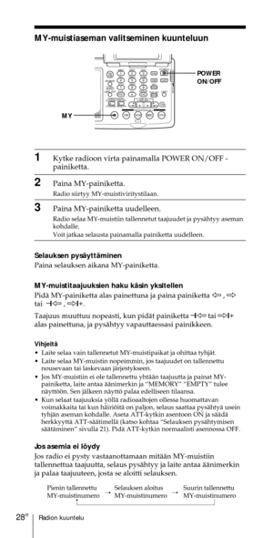 Page 228Radion kuuntelu28FI
ABC1DEF2GHI3JKL4MNO5PQR6STU7
MY DW VOA BBC OTH
VWX8YZ  9/
FM/
AMON/
OFFPOWER
0
ab
DISPLAY AM BAND
LABEL EDIT
TIME SETHOLDLOCAL/
WORLD
TIMERSTANDBY/
STANDBY TIME SET
STANDBY MEMORYTIME SET
TIME DIFF
SW STATION CALLJOG/
TUNE/
SCAN˚DIRECT
ENTER
DSTERASESLEEPLIGHT
SYNCSSB
EXE
POWER
ON/OFF
MY
MY-muistiaseman valitseminen kuunteluun
1Kytke radioon virta painamalla POWER ON/OFF -
painiketta.
2Paina MY-painiketta.
Radio siirtyy MY-muistiviritystilaan.
3Paina MY-painiketta uudelleen.
Radio...