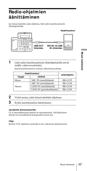 Page 23535FIMuut toiminnot
Muut toiminnot
Radio-ohjelmien
ŠŠnittŠminen
Jos haluat ŠŠnittŠŠ radio-ohjelmia, liitŠ radio kasettinauhuriin
liitŠntŠjohdoilla.
MIC IN- tai LINE
IN -liitŠntŠŠn LINE OUT -
liitŠntŠŠnKasettinauhuri
1LiitŠ radio kasettinauhuriin liitŠntŠjohdoilla (eivŠt
sisŠlly vakiovarusteisiin).
KŠytŠ kasettinauhurin mukaan oikeanlaisia johtoja.
2ViritŠ asema, jolta haluat ŠŠnittŠŠ ohjelman.
3Kytke kasettinauhuri ŠŠnitykseen.
Jos ŠŠnitŠt stereonauhurilla
ULA-stereolŠhetykset ŠŠnittyvŠt stereoŠŠnisinŠ....