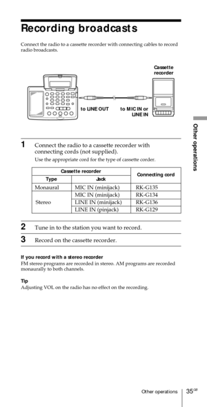 Page 3535GBOther operations
Other operations
Recording broadcasts
Connect the radio to a cassette recorder with connecting cables to record
radio broadcasts.
to MIC IN or
LINE IN to LINE OUT
Cassette
recorder
1Connect the radio to a cassette recorder with
connecting cords (not supplied).
Use the appropriate cord for the type of cassette corder.
2Tune in to the station you want to record.
3Record on the cassette recorder.
If you record with a stereo recorder
FM stereo programs are recorded in stereo. AM programs...