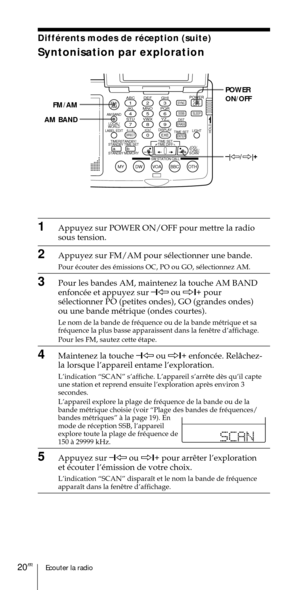 Page 70Ecouter la radio20FR
ABC1DEF2GHI3JKL4MNO5PQR6STU7
MY DW VOA BBC OTH
VWX8YZ  9/
FM/
AMON/
OFFPOWER
0
ab
DISPLAY AM BAND
LABEL EDIT
TIME SETHOLDLOCAL/
WORLD
TIMERSTANDBY/
STANDBY TIME SET
STANDBY MEMORYTIME SET
TIME DIFF
SW STATION CALLJOG/
TUNE/
SCAN˚
DIRECT
ENTER
DSTERASESLEEPLIGHT
SYNC
SSB
EXE
POWER
ON/OFF
–
|À/Ö|+ FM/AM
AM BAND
1Appuyez sur POWER ON/OFF pour mettre la radio
sous tension.
2Appuyez sur FM/AM pour sŽlectionner une bande.
Pour Žcouter des Žmissions OC, PO ou GO, sŽlectionnez AM.
3Pour les...