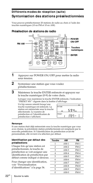 Page 72Ecouter la radio22FR
ABC1DEF2GHI3JKL4MNO5PQR6STU7
MY DW VOA BBC OTH
VWX8YZ  9/
FM/
AMON/
OFFPOWER
0
ab
DISPLAY AM BAND
LABEL EDIT
TIME SETHOLDLOCAL/
WORLD
TIMERSTANDBY/
STANDBY TIME SET
STANDBY MEMORYTIME SET
TIME DIFF
SW STATION CALLJOG/
TUNE/
SCAN˚
DIRECT
ENTER
DSTERASESLEEPLIGHT
SYNC
SSB
EXE
POWER
ON/OFF
FM/AM
ENTER
DiffŽrents modes de rŽception (suite)
Syntonisation des stations prŽsŽlectionnŽes
Vous pouvez prŽsŽlectionner 20 stations de radio au choix ˆ lÕaide des
touches numŽriques (10 en FM et 10...