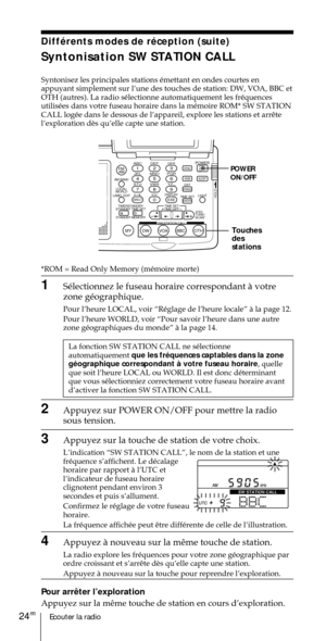 Page 74Ecouter la radio24FR
ABC1DEF2GHI3JKL4MNO5PQR6STU7
MY DW VOA BBC OTH
VWX8YZ  9/
FM/
AMON/
OFFPOWER
0
ab
DISPLAY AM BAND
LABEL EDIT
TIME SETHOLDLOCAL/
WORLD
TIMERSTANDBY/
STANDBY TIME SET
STANDBY MEMORYTIME SET
TIME DIFF
SW STATION CALLJOG/
TUNE/
SCAN˚
DIRECT
ENTER
DSTERASESLEEPLIGHT
SYNC
SSB
EXE
POWER
ON/OFF
DiffŽrents modes de rŽception (suite)
Syntonisation SW STATION CALL
Syntonisez les principales stations Žmettant en ondes courtes en
appuyant simplement sur lÕune des touches de station: DW, VOA, BBC...