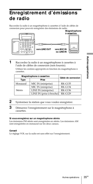 Page 8535FRAutres opŽrations
Autres opŽrations
Enregistrement dÕŽmissions
de radio
Raccordez la radio ˆ un magnŽtophone ˆ cassettes ˆ lÕaide de c‰bles de
connexion pour pouvoir enregistrer des Žmissions de radio.
vers MIC IN
ou LINE IN vers LINE OUTMagnŽtophone
ˆ cassettes
1Raccordez la radio ˆ un magnŽtophone ˆ cassettes ˆ
lÕaide de c‰bles de connexion (non fournis).
Utilisez les cordons appropriŽs en fonction du magnŽtophone ˆ
cassettes.
2Syntonisez la station que vous voulez enregistrer.
3DŽmarrez...