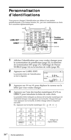 Page 86Autres opŽrations36FR
ABC1DEF2GHI3JKL4MNO5PQR6STU7
MY DW VOA BBC OTH
VWX8YZ  9/
FM/
AMON/
OFFPOWER
0
ab
DISPLAY AM BAND
LABEL EDIT
TIME SETHOLDLOCAL/
WORLD
TIMERSTANDBY/
STANDBY TIME SET
STANDBY MEMORYTIME SET
TIME DIFF
SW STATION CALLJOG/
TUNE/
SCAN˚
DIRECT
ENTER
DSTERASESLEEPLIGHT
SYNC
SSB
EXEEXE
À/Ö LABEL EDIT
DIRECT
ABC1
Personnalisation
dÕidentifications
Vous pouvez changer lÕidentification par dŽfaut dÕune station
prŽsŽlectionnŽe, dÕun fuseau horaire, etc., par une combinaison au choix

1Affichez...