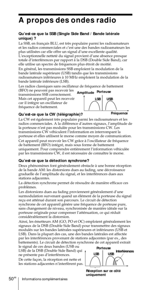 Page 100Informations complŽmentaires50FR
A propos des ondes radio
QuÕest-ce que la SSB (Single Side Band / Bande latŽrale
unique) ?

et les radios commerciales et cÕest une des bandes radioamateurs les
plus utilisŽes car elle offre un signal dÕune excellente qualitŽ.
LÕexceptionnelle nettetŽ du signal provient dÕune absence presque
totale dÕinterfŽrences par rapport ˆ la DSB (Double Side Band), car
elle utilise un spectre de frŽquences plus Žtroit de moitiŽ.
En gŽnŽral, les transmissions SSB emploient la...