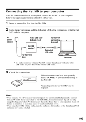 Page 103103
Connecting the Net MD to your computer
After the software installation is completed, connect the Net MD to your computer.
Refer to the operating instructions of the Net MD as well.
1Insert a recordable disc into the Net MD.
2Make the power source and the dedicated USB cable connections with the Net 
MD and the computer.
3Check the connections.
When the connections have been properly 
made, “PCppMD”* appears in the display of 
the Net MD.
*Depending on the device, “Net MD” may be 
displayed....