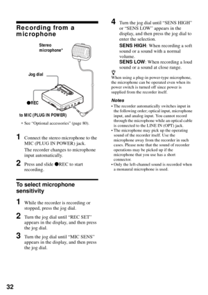 Page 3232
Recording from a 
microphone
1Connect the stereo microphone to the 
MIC (PLUG IN POWER) jack.
The recorder changes to microphone 
input automatically.
2Press and slide zREC to start 
recording.
To select microphone 
sensitivity
1While the recorder is recording or 
stopped, press the jog dial.
2Turn the jog dial until “REC SET” 
appears in the display, and then press 
the jog dial.
3Turn the jog dial until “MIC SENS” 
appears in the display, and then press 
the jog dial.
4Turn the jog dial until “SENS...