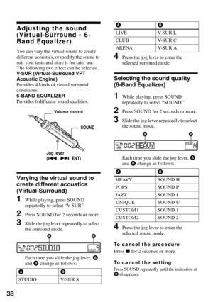 Page 3838
Adjusting the sound 
(Virtual-Surround  6-
Band Equalizer)
You can vary the virtual sound to create 
different acoustics, or modify the sound to 
suit your taste and store it for later use.
The following two effect can be selected.
V-SUR (Virtual-Surround VPT 
Acoustic Engine)
Provides 4 kinds of virtual surround 
conditions.
6-BAND EQUALIZER
Provides 6 different sound qualities.
Varying the virtual sound to 
create different acoustics 
(Virtual-Surround)
1While playing, press SOUND 
repeatedly to...