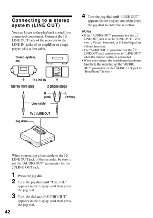 Page 4242
Connecting to a stereo 
system (LINE OUT)
You can listen to the playback sound from 
connected component. Connect the i/
LINE OUT jack of the recorder to the 
LINE IN jacks of an amplifier or a tape 
player with a line cable.
When connecting a line cable to the i/
LINE OUT jack of the recorder, be sure to 
set the “AUDIO OUT” parameter for the 
i/LINE OUT jack.
1Press the jog dial.
2Turn the jog dial until “USEFUL” 
appears in the display, and then press 
the jog dial. 
3Turn the dial until “AUDIO...