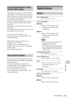 Page 121Specifications121
Appendices
This product uses software to which the GPL/
LGPL applies. This informs you that you have a 
right to have access to, modify, and redistribute 
source code for these software programs under 
the conditions of the GPL/LGPL.
The source code is provided on the internet. Use 
the following URL and follow the download 
instructions.
http://www.sony.net/Products/Linux/common/
search.html
We would prefer that you do not contact us about 
the contents of the source code.
For the...