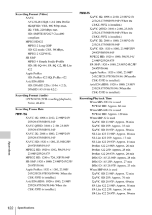 Page 122Specifications122
Appendices
Recording Format (Video)
XAVC
AVC/H.264 High 4:2:2 Intra Profile
4K/QFHD: VBR, 600 Mbps max.
2K: VBR, 220 Mbps max.
HD: SMPTE RP2027 Class100 
compliant
MPEG HD422
MPEG-2 Long GOP
HD 422 mode: CBR, 50 Mbps, 
MPEG-2 422P@HL
SR SStP
MPEG-4 Simple Studio Profile
HD: SR-SQ 444, SR-SQ 422, SR-Lite 
422
Apple ProRes
HD: ProRes 422 HQ, ProRes 422
Avid DNxHD®
HD: DNxHD 220x (10-bit 4:2:2), 
DNxHD 145 (8-bit 4:2:2)
Recording Format (Audio)
LPCM 8CH (2CH recording/playback), 
24-bit,...