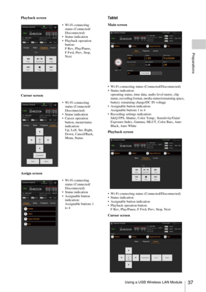 Page 37Using a USB Wireless LAN Module37
Preparations
Playback screen
Cursor screen
Assign screenTablet
Main screen
 Wi-Fi connecting status (Connected/Disconnected)
 Status indication:
operating status, time data, audio level meter, clip 
name, recording format, media status/remaining space, 
battery remaining charge/DC IN voltage
 Assignable button indication:
Assignable buttons 1 to 4
 Recording settings indication:
S&Q FPS, Shutter, Color Temp., Sensitivity/Gain/
Exposure Index, Gamma, MLUT, Color Bars,...