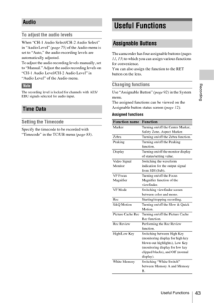 Page 43Useful Functions43
Recording
To adjust the audio levels
When “CH-1 Audio Select/CH-2 Audio Select” 
in “Audio Level” (page 75) of the Audio menu is 
set to “Auto,” the audio recording levels are 
automatically adjusted.
To adjust the audio recording levels manually, set 
to “Manual.” Adjust the audio recording levels on 
“CH-1 Audio Level/CH-2 Audio Level” in 
“Audio Level” of the Audio menu.
Note
The recording level is locked for channels with AES/
EBU signals selected for audio input.
Setting the...