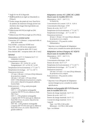 Page 101FR
Informations complémentaires
*1 Angle de vue de la diagonale.*2 [SteadyShot] est réglé sur [Standard] ou 
[Désact].
*3  L’ordre unique des pixels de Sony ClearVid et 
du système de traitement d’image permet une 
résolution des images fixes équivalente aux 
tailles décrites.
*4 [Sélectionner 60i/50i] est réglé sur [60i 
(NTSC)].
*5 [Sélectionner 60i/50i] est réglé sur [50i (PAL)].
Connecteurs entrée/sortieConnecteur A/V à distance : composant/vidéo et 
prise sortie audio
Pr i
se HDMI :...