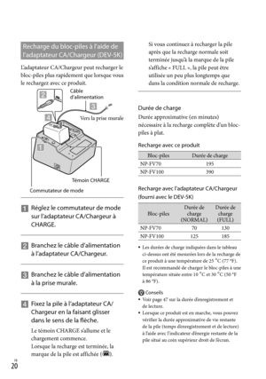 Page 1280FR
Recharge du bloc-piles à l’aide de 
l’adaptateur CA/Chargeur (DEV-5K)
L’adaptateur CA/Chargeur peut recharger le 
bloc-piles plus rapidement que lorsque vous 
le rechargez avec ce produit.
   
Réglez le commutateur de mode 
sur l’adaptateur CA/Chargeur à 
CHARGE.
    
Branchez le câble d’alimentation 
à l’adaptateur CA/Chargeur.
    
Branchez le câble d’alimentation 
à la prise murale.
    
Fixez la pile à l’adaptateur CA/ 
Chargeur en la faisant glisser 
dans le sens de la flèche.
Le témoin...
