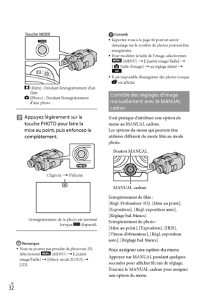 Page 140FR
   
Appuyez légèrement sur la 
touche PHOTO pour faire la 
mise au point, puis enfoncez-la 
complètement.
L’enregistrement de la photo est terminé  lorsque  disparaît.
Remarque
Vous ne pouvez pas prendre de photos en 3D. 
Sélectionnez 
 (MENU)  [Qualité 
image/Taille]  [Sélect. mode 2D/3D]  
[2D].

Conseils
Reportez-vous à la page 49 pour en savoir 
davantage sur le nombre de photos pouvant être 
enregistrées.
Pour modifier la taille de l’image, sélectionnez 
 (MENU)  [Qualité...