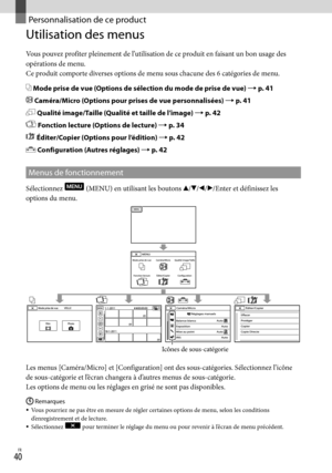 Page 1480FR
Personnalisation de ce product
Utilisation des menus
Vous pouvez profiter pleinement de l’utilisation de ce produit en faisant un bon usage des 
opérations de menu.
Ce produit comporte diverses options de menu sous chacune des 6 catégories de menu.
 Mode prise de vue (Options de sélection du mode de prise de vue)  p. 41
 Caméra/Micro (Options pour prises de vue personnalisées)  p. 41
 Qualité image/Taille (Qualité et taille de l’image)  p. 42
 Fonction lecture (Options de lecture)  p. 34...