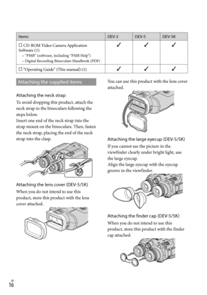 Page 161GB
ItemsDEV-3 DEV-5 DEV-5K
 CD-ROM Video Camera Application 
Software (1)
“PMB” (software, including “PMB Help”)
Digital Recording Binoculars Handbook (PDF)

 
 “Operating Guide” (This manual) (1) 
Attaching the supplied items
Attaching the neck strap
To avoid dropping this product, attach the 
neck strap to the binoculars following the 
steps below.
Insert one end of the neck strap into the 
strap mount on the binoculars. Then, fasten 
the neck strap, placing the end of the neck 
strap...