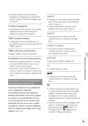 Page 207ES
Información complementaria
El número total de escenas de película o 
fotografías ha sobrepasado la capacidad del 
pro
ducto (pág. 41). Elimine las imágenes que 
no necesite.
Se detiene la grabación.
La temperatura del producto es muy alta/baja. 
Apague el producto y déjelo durante un 
tiempo en un lugar fresco/templado.
“PMB” no puede instalarse.
Compruebe el entorno del ordenador o el 
procedimiento necesario para la instalación de 
“PMB ” (p
ág. 29).
“PMB” no funciona correctamente.
Salga...