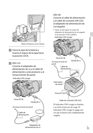 Page 23111ES
Procedimientos iniciales
 DEV-5K: 
Conecte el cable de alimentación 
y el cable de conexión (DK-225) 
al adaptador de alimentación de 
ca/cargador.
Ajuste el interruptor de modo del 
adaptador de alimentación de ca/cargador 
en la posición VCR/CAMERA.
El indicador CHG (carga) se ilumina 
y se inicia el proceso de carga. El 
indicador CHG (carga) se apaga una 
vez que la batería está completamente 
cargada.

   
Cierre la tapa de la batería y 
mueva el seguro de la tapa hacia 
la posición LOCK.
...