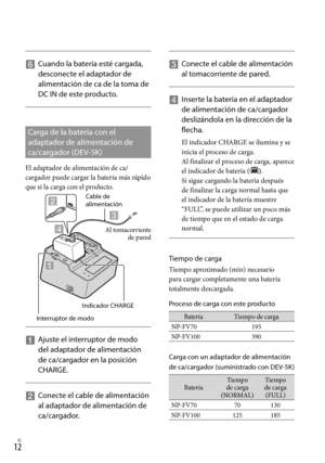 Page 2321ES
   
Cuando la batería esté cargada, 
desconecte el adaptador de 
alimentación de ca de la toma de 
DC IN de este producto.
Carga de la batería con el 
adaptador de alimentación de 
ca/cargador (DEV-5K)
El adaptador de alimentación de ca/
cargador puede cargar la batería más rápido 
que si la carga con el producto.
    
Ajuste el interruptor de modo 
del adaptador de alimentación 
de ca/cargador en la posición 
CHARGE.
    
Conecte el cable de alimentación 
al adaptador de alimentación de...