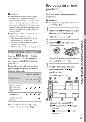 Page 245ES
Binoculares/Grabación/Reproducción
Reproducción en este 
producto
Puede reproducir imágenes grabadas con 
este producto.
Sugerencias
Si desea reproducir imágenes 3D, ajuste [Selecc. 
modo 2D/3D] en [3D].
1
   
Presione el botón verde para ajustar 
el interruptor POWER en ON.
El producto está encendido.
2
    Presione 
 (Ver Imágenes).
Después de algunos segundos, aparece 
la pantalla Índice de eventos.
3
   Seleccione una imagen que 
desee ver con /// y 
presione Enter.
Se inicia la...