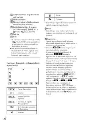 Page 246ES
Cambiar al modo de grabación de 
película/foto
 Título de evento
 Tiempo total de películas/número 
total de fotos en el evento
 Botón Cambiar tipo de imagen 
(2D solamente) (
PELÍCULA, FOTO, PELÍC./FOTO*)
Película
 Foto
* 
Si comienza a reproducir desde la pantalla  
[PELÍC./FOTO], las películas y fotos 
se reproducen en orden combinado por 
fecha y hora de captura.
Este producto organiza las imágenes en 
un grupo llamado evento, según la fecha, 
la hora y la información sobre con qué...