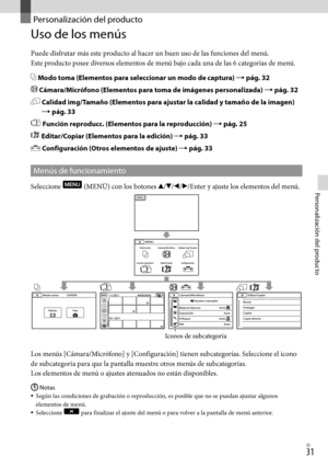Page 2511ES
Personalización del producto
Personalización del producto
Uso de los menús
Puede disfrutar más este producto al hacer un buen uso de las funciones del menú.
Este producto posee diversos elementos de menú bajo cada una de las 6 categorías de menú.
 Modo toma (Elementos para seleccionar un modo de captura)  pág. 32
 Cámara/Micrófono (Elementos para toma de imágenes personalizada)  pág. 32  
  Calidad img/Tamaño (Elementos para ajustar la calidad y tamaño de la imagen) 
 pág. 33
 Función...