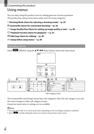 Page 38GB
Customizing this product
Using menus
You can enjoy using this product more by making good use of menu operations.
This product has various menu items under each of 6 menu categories.
 Shooting Mode (Items for selecting a shooting mode) p. 39
 Camera/Mic (Items for customized shooting) p. 39
 Image Quality/Size (Items for setting up image quality or size)  p. 40
 Playback Function (Items for playback)  p. 32
 Edit/Copy (Items for editing) p. 40
 Setup (Other setup items)  p. 40...