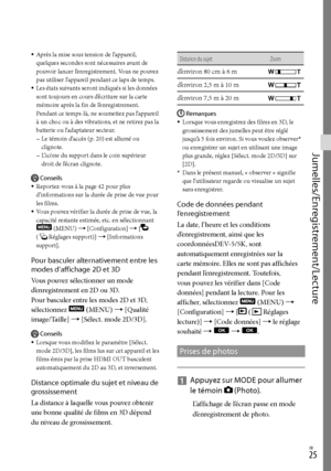 Page 79FR
Jumelles/Enregistrement/Lecture
Après la mise sous tension de l’appareil, 
quelques secondes sont nécessaires avant de 
pouvoir lancer l’enregistrement. Vous ne pouvez 
pas utiliser l’appareil pendant ce laps de temps.
Les états suivants seront indiqués si les données 
sont toujours en cours d’écriture sur la carte 
mémoire après la fin de l’enregistrement. 
Pendant ce temps-là, ne soumettez pas l’appareil 
à un choc ou à des vibrations, et ne retirez pas la 
batterie ou l’adaptateur...